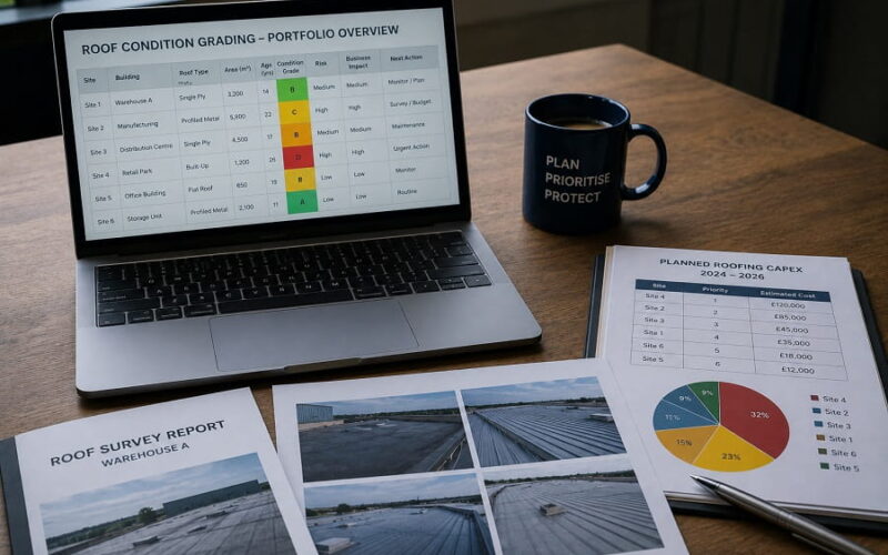 Office desk showing a laptop with roof condition grading data, printed roof survey photos and CAPEX planning documents for multi-site roofing budget decisions.