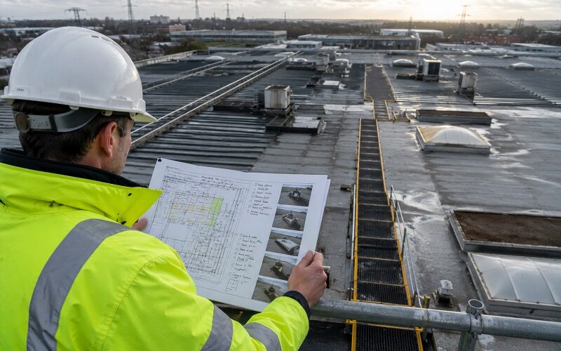 Facilities manager in PPE reviewing a roof access plan while overlooking a large commercial roof with walkways, rooflights and plant equipment before maintenance work.