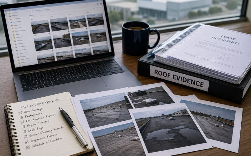 Office desk with roof evidence photos, lease-end records, notebook and laptop prepared for a commercial roof dilapidations review.