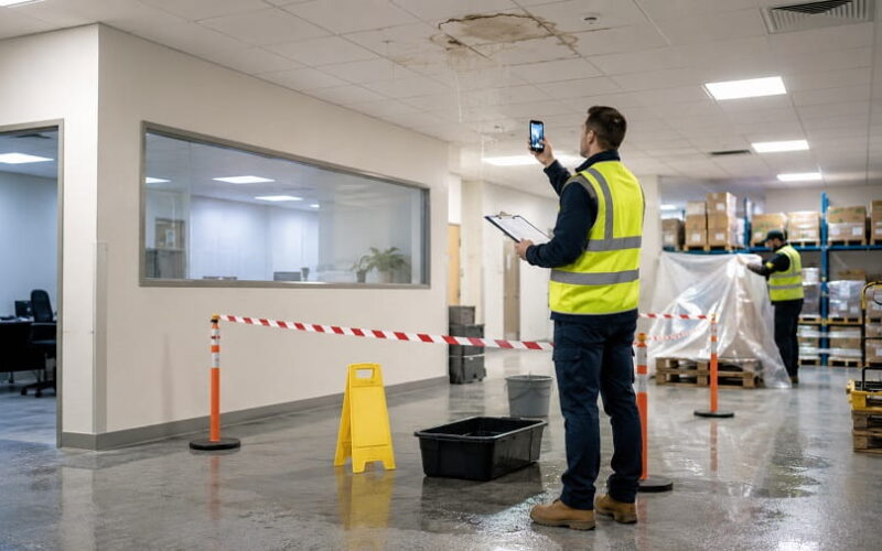 Facilities manager recording a commercial roof leak in a warehouse with stock protected nearby