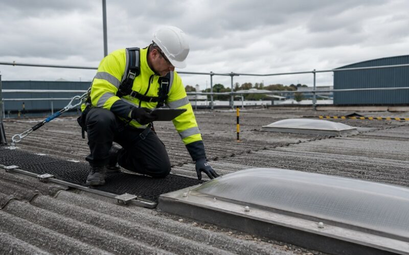 Roof safety assessor wearing PPE and a fall arrest harness inspecting a rooflight from a safe walkway on an industrial roof.