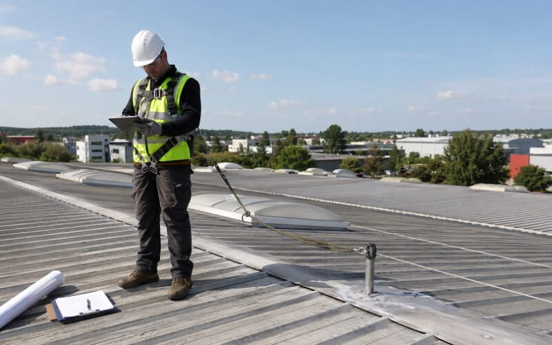 Roofing contractor wearing fall-arrest safety equipment while inspecting an industrial roof with a tablet, safety line and roof plans nearby.