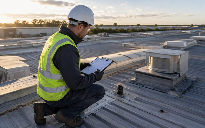 Roofing contractor completing a fire performance checklist while inspecting rooflights, vents and metal roof details during an industrial roof refurbishment survey.