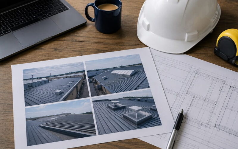 Office desk with industrial roofing photos, roof plans, hard hat, tape measure and laptop prepared for a commercial roofing tender pack.