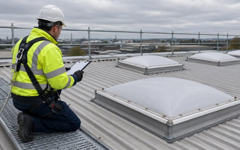Roof safety assessor wearing PPE and a fall arrest harness reviewing rooflights from a safe walkway on an industrial warehouse roof.