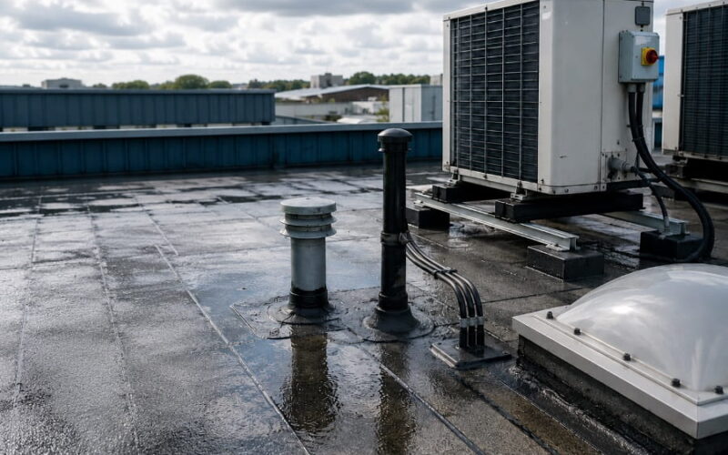 Wet commercial rooftop with HVAC units, service penetrations, vents and rooflights showing potential leak-risk areas after rainfall.