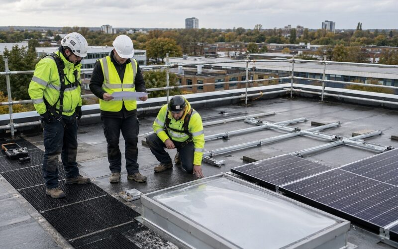 Roofing team in PPE reviewing solar PV panels, mounting rails, rooflights and safe access routes on a commercial flat roof before installation.