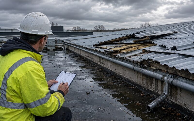 Roofing inspector in PPE recording storm damage evidence on a commercial roof with lifted metal sheets, standing water, debris and damaged guttering.