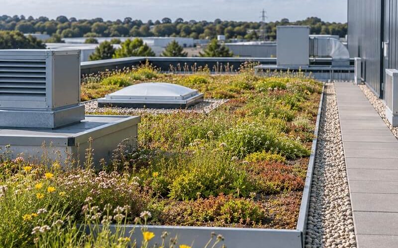 Biodiverse green roof on a commercial building with wildflowers, rooflights and clear maintenance access.