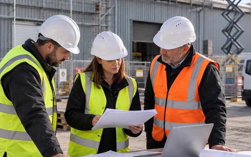 Commercial client and contractors reviewing plans for an industrial roofing project under CDM requirements.