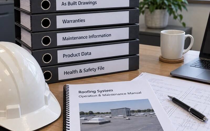 Commercial roof handover documents with as-built drawings, warranties, maintenance information and health and safety file.