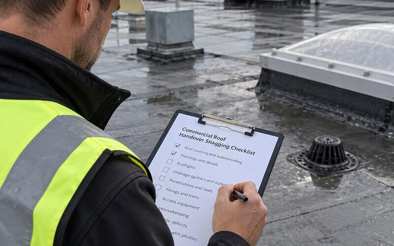 Roof inspector completing a commercial roof handover snagging checklist during an onsite inspection.