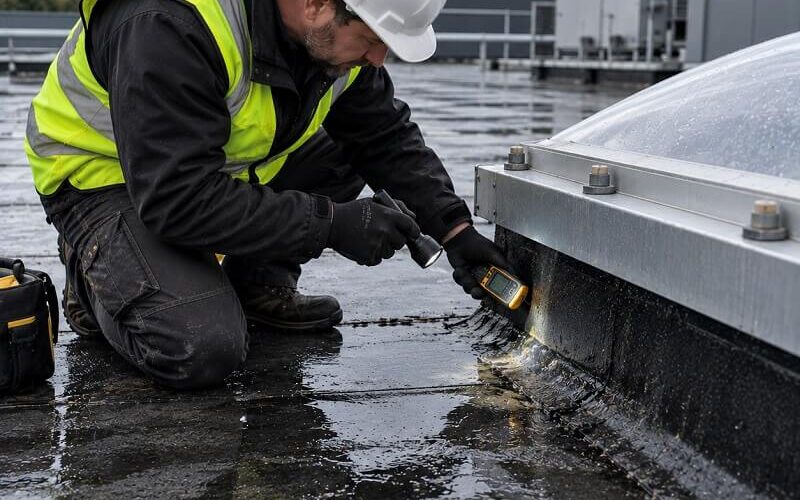 Commercial roof inspector investigating a suspected leak around a rooflight on a wet flat roof.