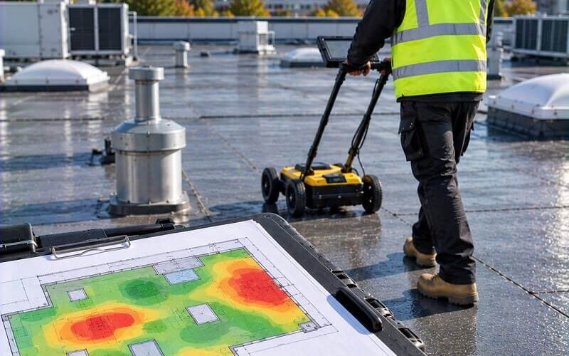 Technician carrying out moisture mapping on a commercial flat roof with surveyed moisture zones shown on a roof plan.