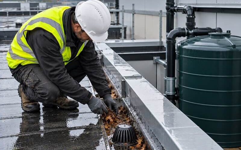 Commercial roof drainage and rainwater harvesting system being inspected and maintained.
