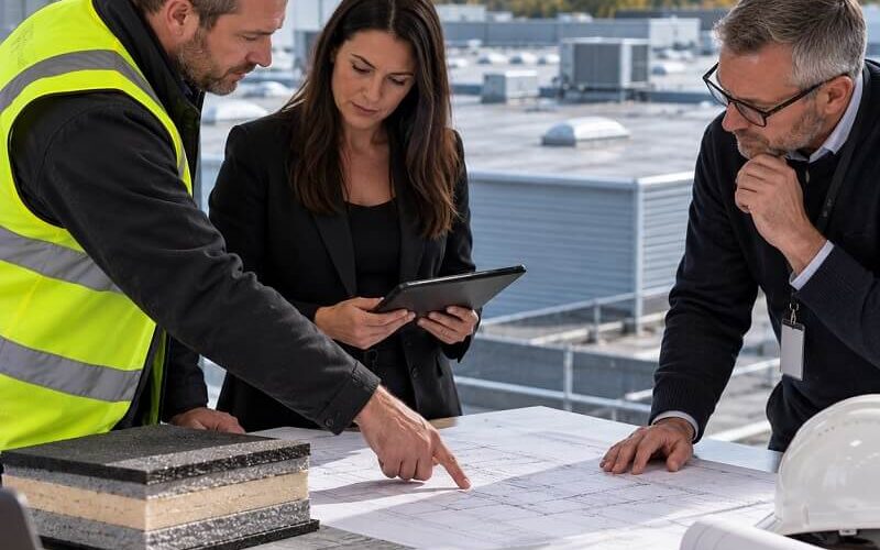 Project team reviewing commercial roof refurbishment plans and roofing system build-up samples for Building Regulations compliance.