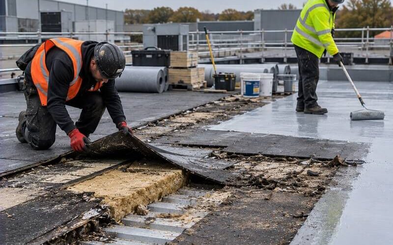 Commercial roof refurbishment showing exposed roof layers and liquid waterproofing being applied by roofing contractors.