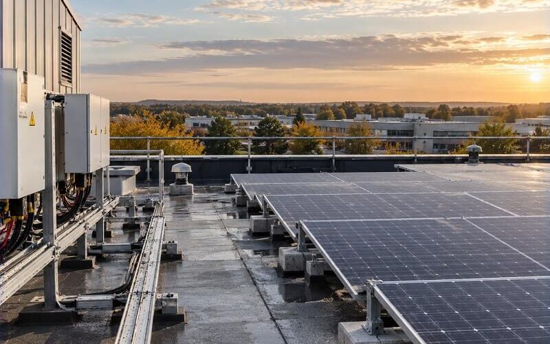 Solar PV panels and electrical equipment installed on a commercial flat roof with clear maintenance access routes.