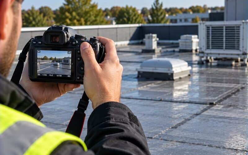 Commercial roof inspector photographing roof condition to create inspection and warranty evidence records.