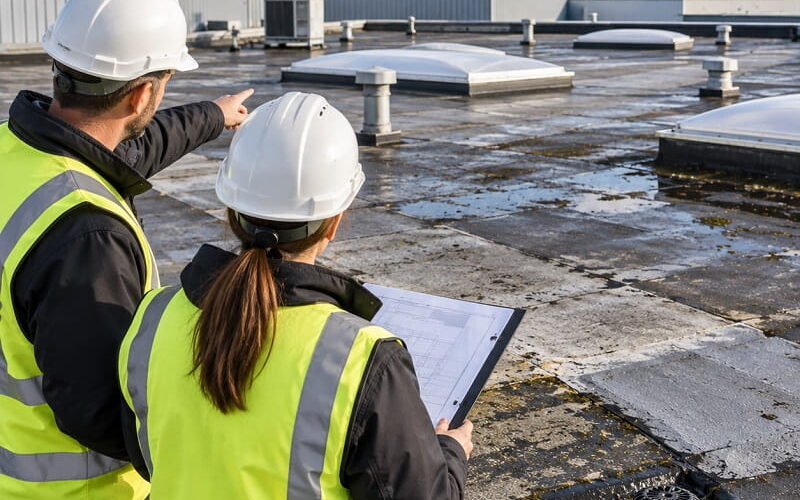 Industrial roof surveyors assessing roof condition for planned maintenance and CAPEX investment.