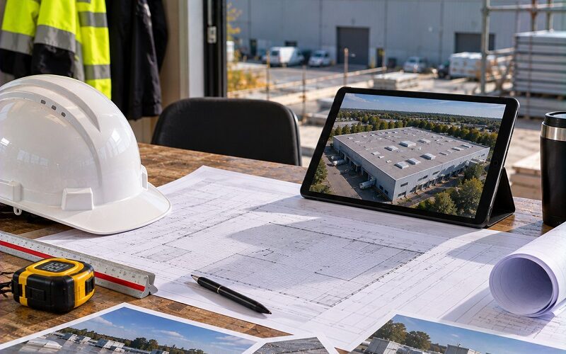 Industrial roof pre-construction planning with roof drawings, site photographs, measuring equipment and PPE.