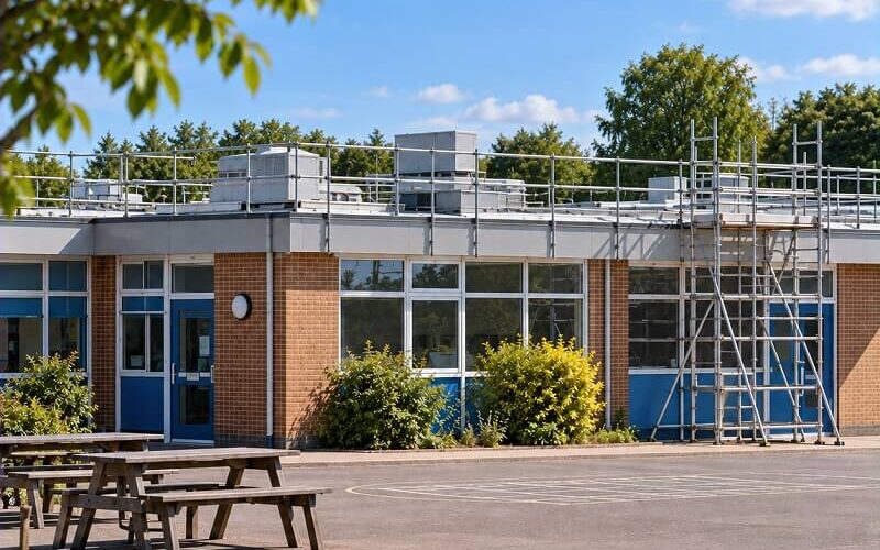 School building with scaffolding and roof access in place for planned roofing works during the summer shutdown.