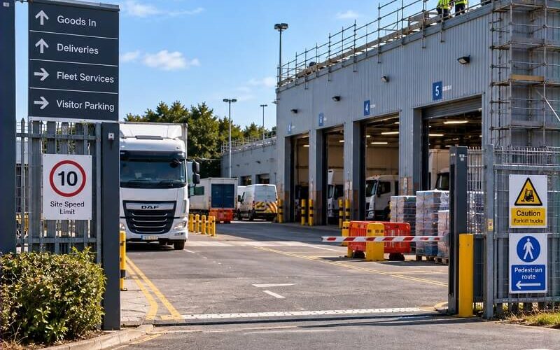 Roof maintenance underway at a live transport depot with segregated pedestrian and vehicle routes.